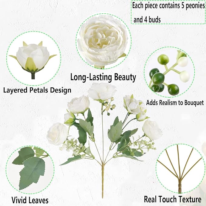 12 Bundles Peonies Artificial White Flowers Bouquet, Lifelike Silk Fake Peonies - Image 4