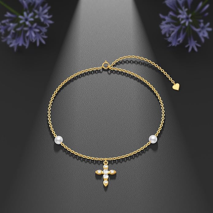 Solid 14K Gold Cross/Heart Anklet for Women, Real Gold Cross Bracelet Adjustable Beach Foot Ankle Bracelet Religious Fine Jewelry Gifts for Her Wife Mom Nana