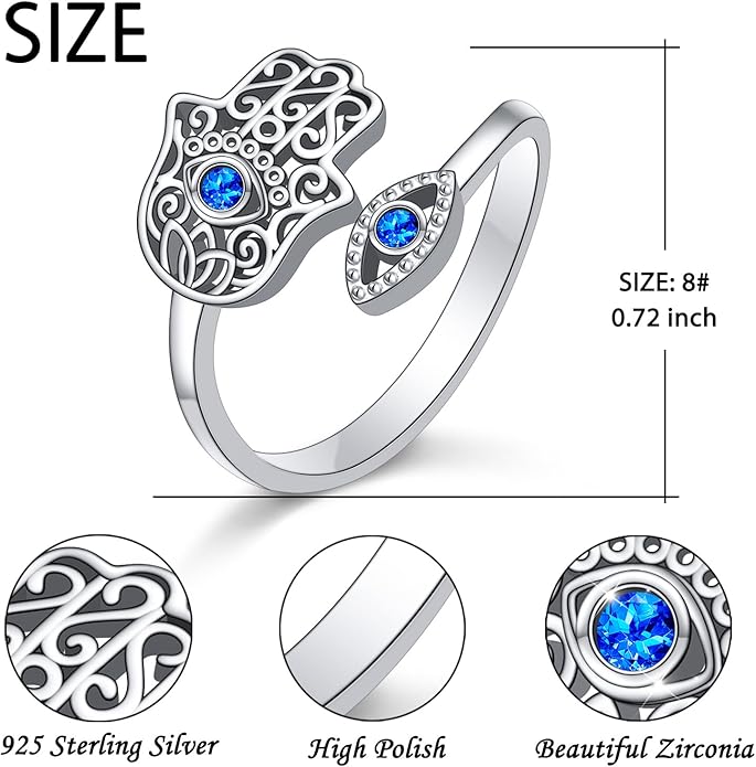 Hamsa Hand of Fatima Lotus Evil Eye/Love Heart/Butterfly/Rose Spoon Adjustable Open Rings 925 Sterling Silver Statement Ring Jewelry Gifts for Women