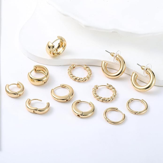 Wgoud 6 Pairs Gold Hoop Earrings Set for Women, 14K Gold Plated Hypoallergenic Lightweight Chunky Open Huggie Hoops Earrings Jewelry for Gifts.