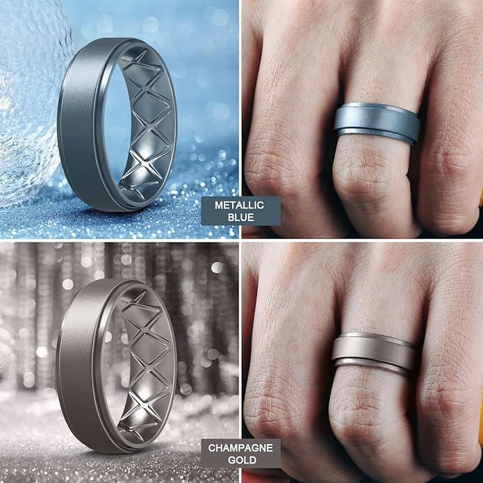 Egnaro Men's Rings 8.5mm Wide-2mm Thick Inner Arc Ergonomic Breathable Rubber Wedding bands-Hypoallergenic for Gym/Outdoor/Gift((1-7 Variety Pack with Half Size)