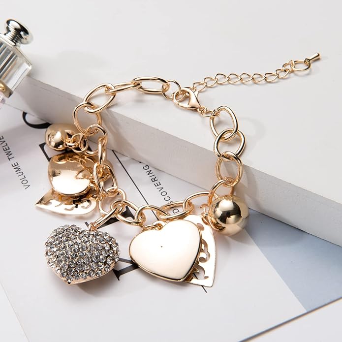SILANER Gold Chain Link Bracelet - 7"+ 2" Extender 14K Gold Plated Love Locked Bracelets for Women, with Crystal, Love Heart,Key, Lock, Charm Bracelet