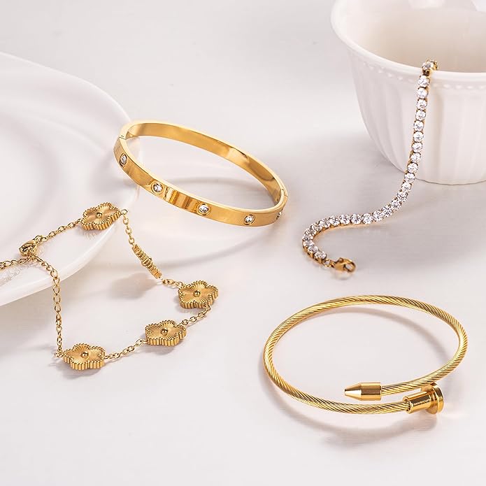 18K Gold Plated Nail Love Bangle Bracelet Set for Women Stackable Floral Clover Adjustable Tennis Bracelet Non Tarnish Gift Jewelry for Christmas Valentines Birthday Mother's Day