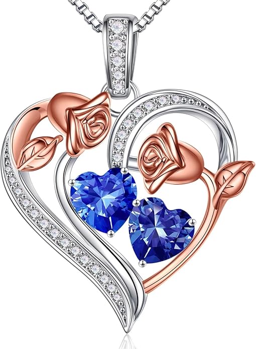 Iefil Valentines Day Gifts for Her - 925 Sterling Silver Rose Heart Necklace, Birthstone Jewelry, Anniversary Birthday Gifts for Wife Girlfriend Mom Daughter