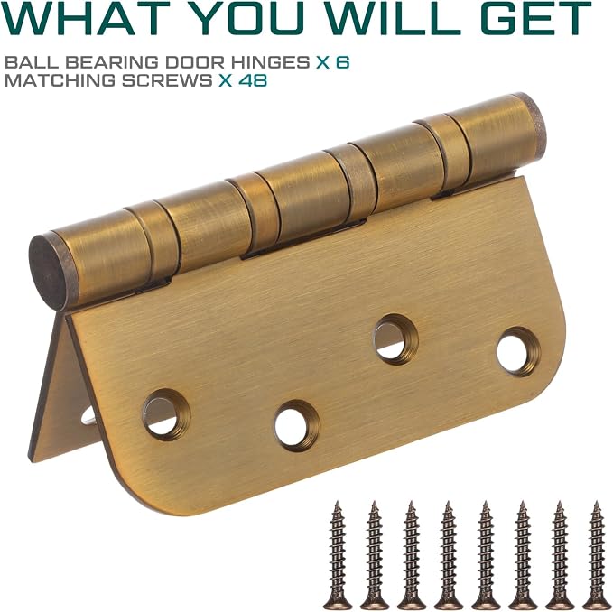 6 Pcs Brass 4'' Ball Bearing Door Hinges, Square and 5/8'' Radius Corner | - Image 3