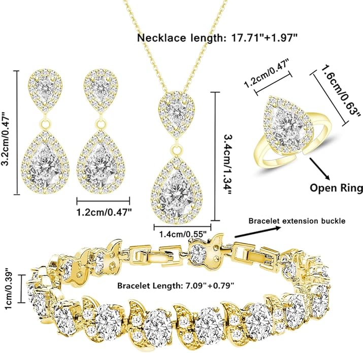 LMXXVJ Teardrop Jewelry Set for Women，Necklace Earrings Adjustable Ring Bracelet Set Fashion Formal Platinum/Gold/Rose Gold Jewelry Gift Girl/Mom/Wife/Grandmother/Best Friend/Aunt