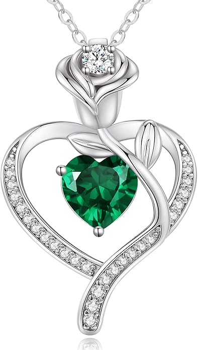LOUISA SECRET Rose Flower Heart Birthstone Necklaces for Women, 925 Sterling Silver Fine Jewelry, Pendant Heart Necklaces Birthday Anniversary Christmas Gift for Women Wife Mom Girlfriend Lady
