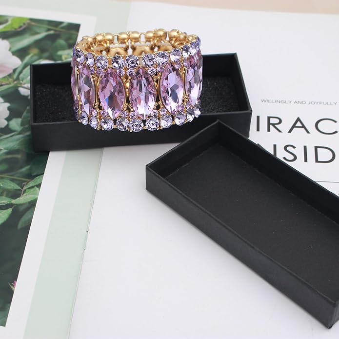 Women’s Elegant Wedding Bridal Crystal Double Row Marquise-Shape Leaf Stretch Bangle Bracelet Bride Jewelry for Women