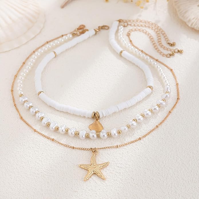 Gold Sea Shell Necklace Layered Charm Necklace for Women Boho Summer Seashell Beach Starfish Necklaces 14k Pearl Chain Surfer Jewelry Beach Vacation Essentials