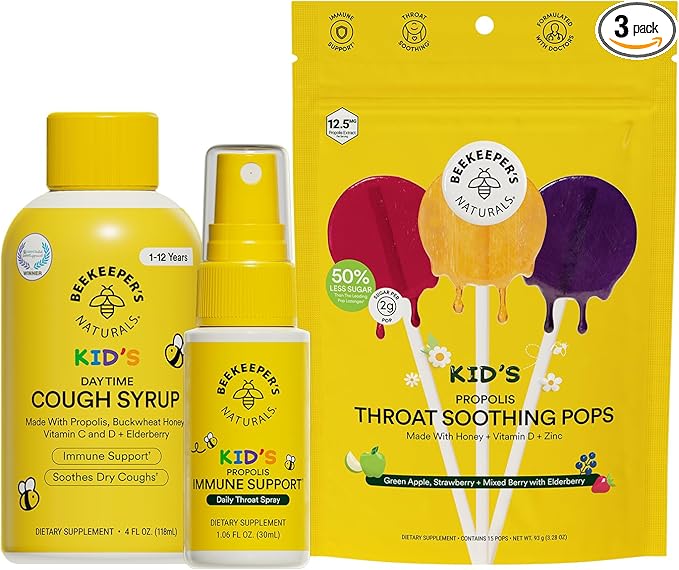 Beekeeper's Naturals Kid's Immune Support Essentials | Kid's Propolis Throat Spray - Propolis Honey Cough Syrup for Kids - Throat Soothing Lollipops | Natural Immune Support - Sore Throat Relief