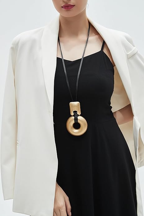 GelConnie Leather Necklace for Women Large Pendant Long Brown Necklace Circle Leather Choker Vintage Sweater Necklace Gold Chunky Boho Necklaces for Women