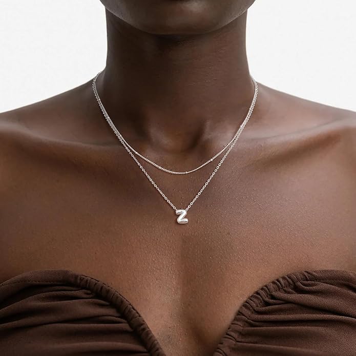 Valentines Day Gifts for Her - Bubble Letter Necklace Layered 14K Gold Plated Initial Necklaces for Women Dainty Cute Choker Pendant Stack Jewelry Fashion Accessories Teen Gift Trendy Stuff