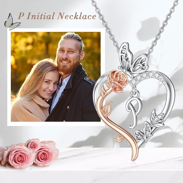TOUPOP Rose Heart Necklaces Gifts for Women 925 Sterling Silver Butterfly Heart Initial Necklace Anniversary Valentines Day Birthday Jewelry Gifts for Mom Her Wife Girlfriend Daughter
