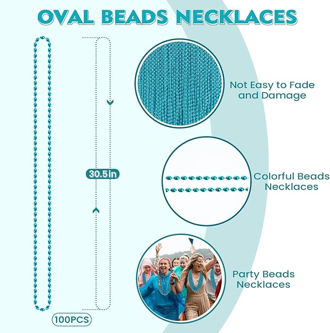 SHAOQINLIN 100 PCS Teal Bead Necklaces, Teal Mardi Gras Beads Necklaces 30.5" Turquoise Party Beads Necklace Bulk Oval Beaded Necklaces for Mardi Gras, Christmas, School Spirit Day Party Favors