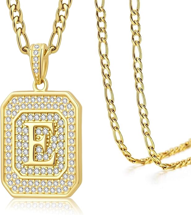 Initial Letter Pendant Necklace for Men Women, 14K Gold Square Monogram Alphabet Necklace with Figaro Chain, Valentines Day Birthday Gifts for Him Her
