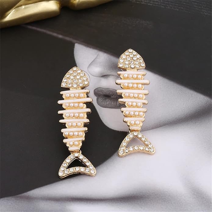 Creative Exaggerated Long Colorful Sparkly Crystal Fish Bone Dangle Drop Earrings Vintage Gold Cute Enamel Diamond Animal metal Stud Earrings