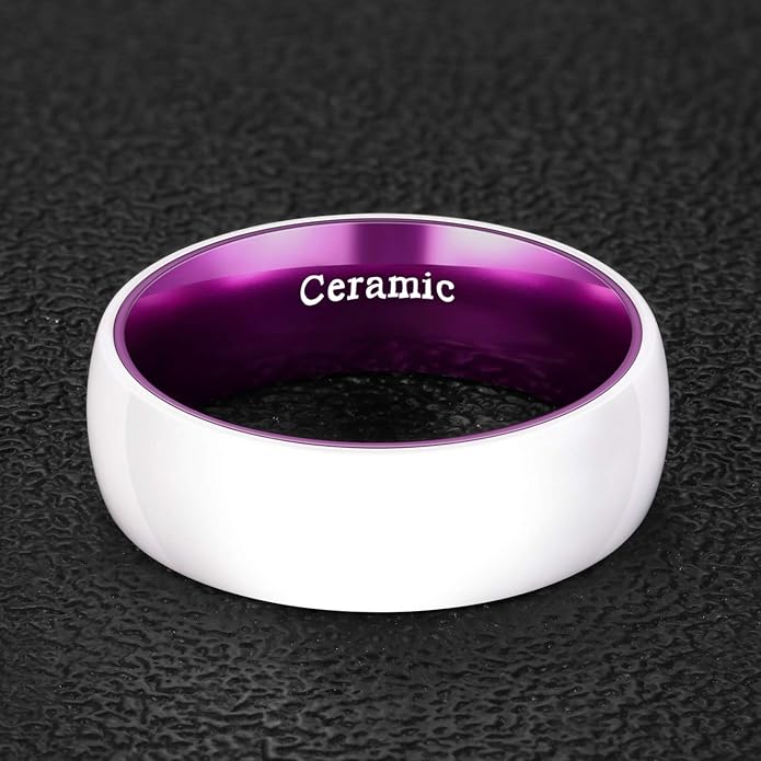 POYA White Ceramic Ring 6mm 8mm Wedding Band for Men Women Inlay Anodized Aluminum Liner Comfort Fit