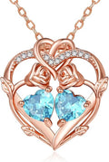 Rose Gold Necklaces for Women Double Birthstone Rose Flower Heart Pendant Necklace Jewelry Anniversary Christmas Valentine's Mother's Day Birthday Gift for Wife Mom Her Girlfriend Sister