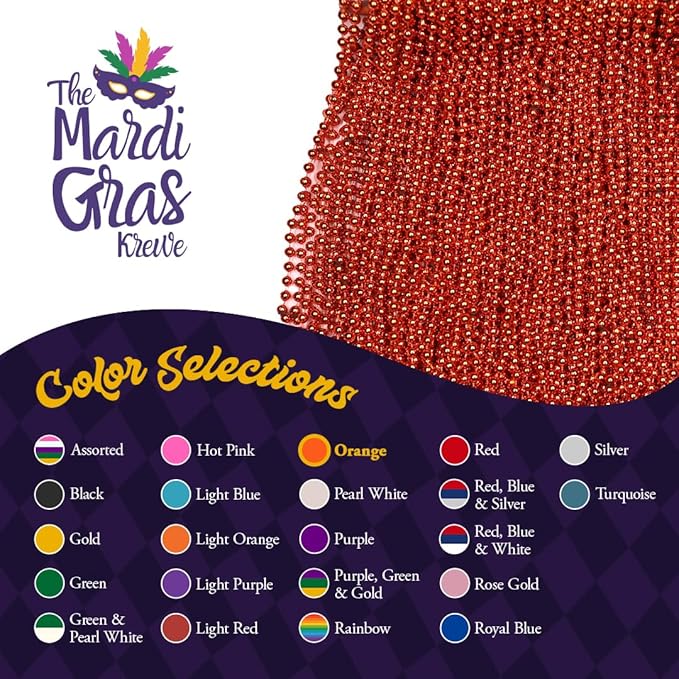 THE MARDI GRAS KREWE - Beads Necklaces Mardi Gras 72 Pack, 6 Dozen 33" 7mm - Party Favors, Parades, Bulk Decorations, Costumes, Festivals, Events - Orange
