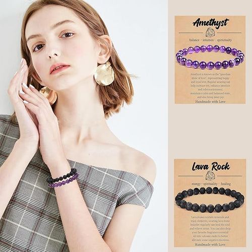 12 PCS 8mm Semi-Precious Gemstone Beaded Bracelets Natural Crystal Bracelets for Women Men, Round Gemstones Stretch Bracelet, Yoga Bracelets Jewelry Gifts