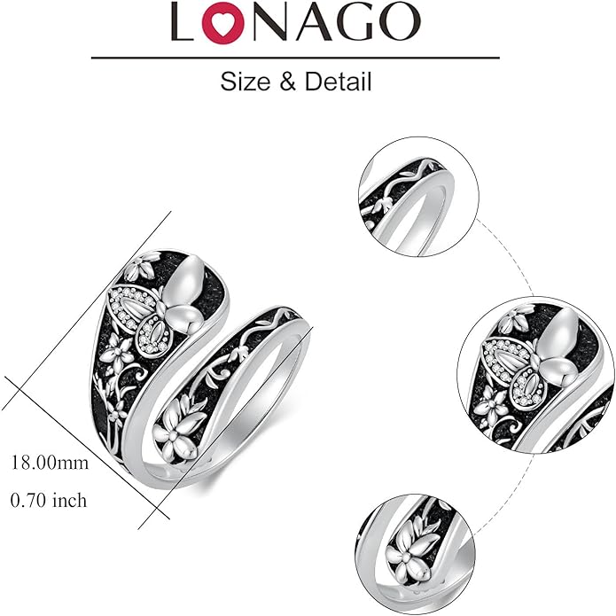 LOANGO Spoon Ring for Women 925 Sterling Silver Spoon Rings Adjustable Oxidized Vintage Thumb Rings Sunflower Hummingbird Butterfly Bee Cardinal Jewelry Gifts for Women Men