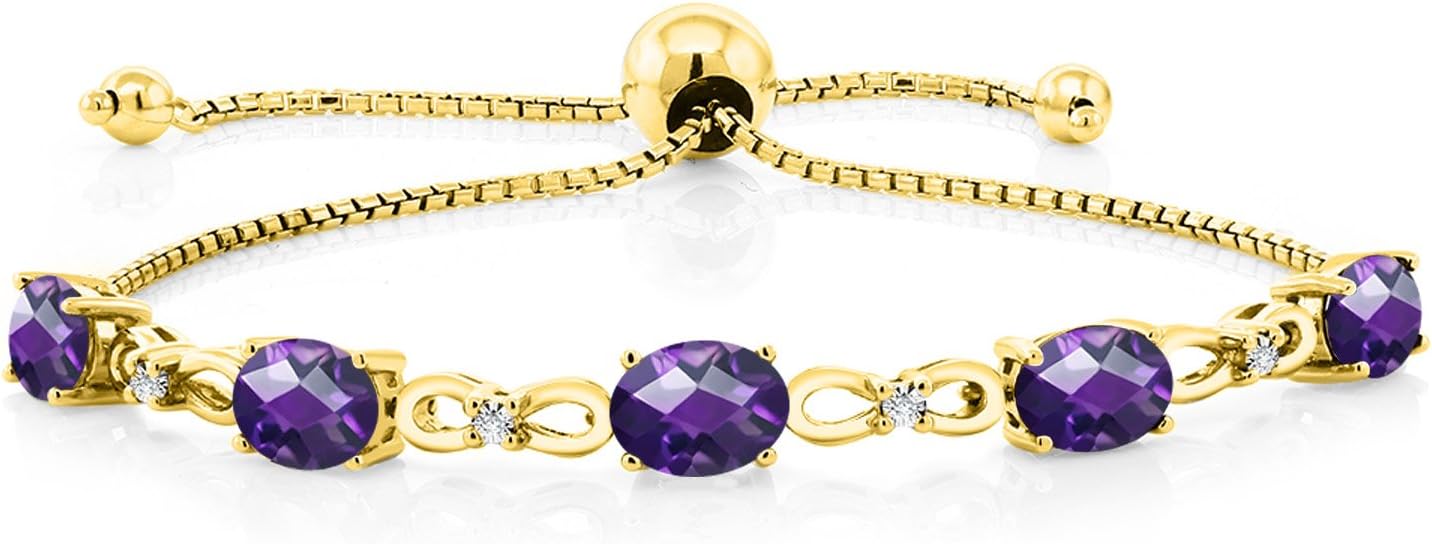 Gem Stone King 7X5MM Oval Cut Gemstone Birthstone and Accent Lab Grown Diamond Tennis Bracelet For Women In 18K Yellow Gold Plated Silver | Adjustable Bolo Bracelet For Women | Easy-On Easy-Off