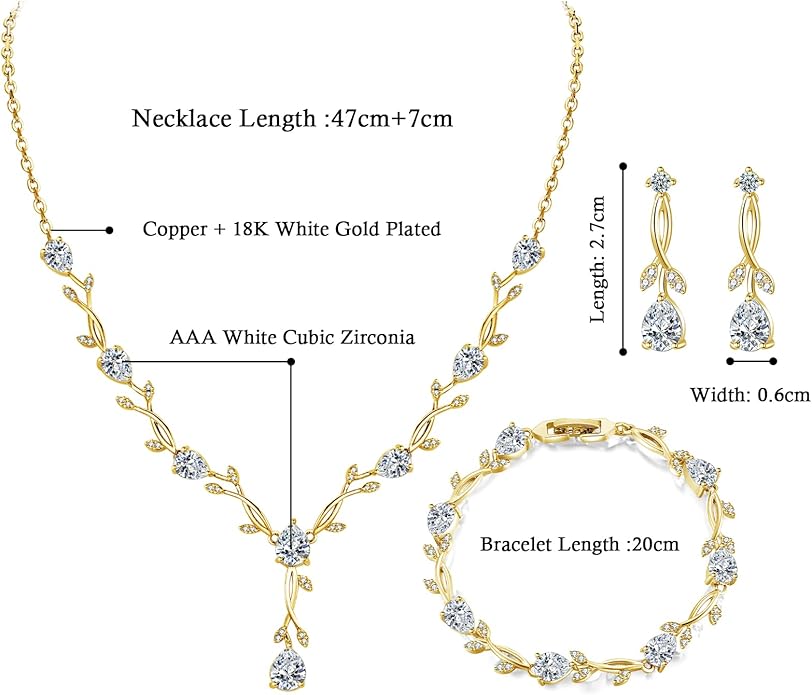 Hadskiss Jewelry Set for Women, Necklace Dangle Earrings Bracelet Set with White AAA Cubic Zirconia, Allergy Free Wedding Party Jewelry for Bridal Bridesmaid