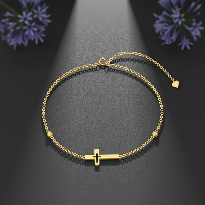 Solid 14K Gold Cross/Heart Anklet for Women, Real Gold Cross Bracelet Adjustable Beach Foot Ankle Bracelet Religious Fine Jewelry Gifts for Her Wife Mom Nana