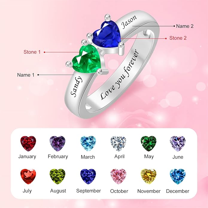 Personalized Heart Birthstone Rings for Women with 2 Birthstones Custom Name Rings for Couple Mother Daughter Jewelry Gift for Mother Her Christmas