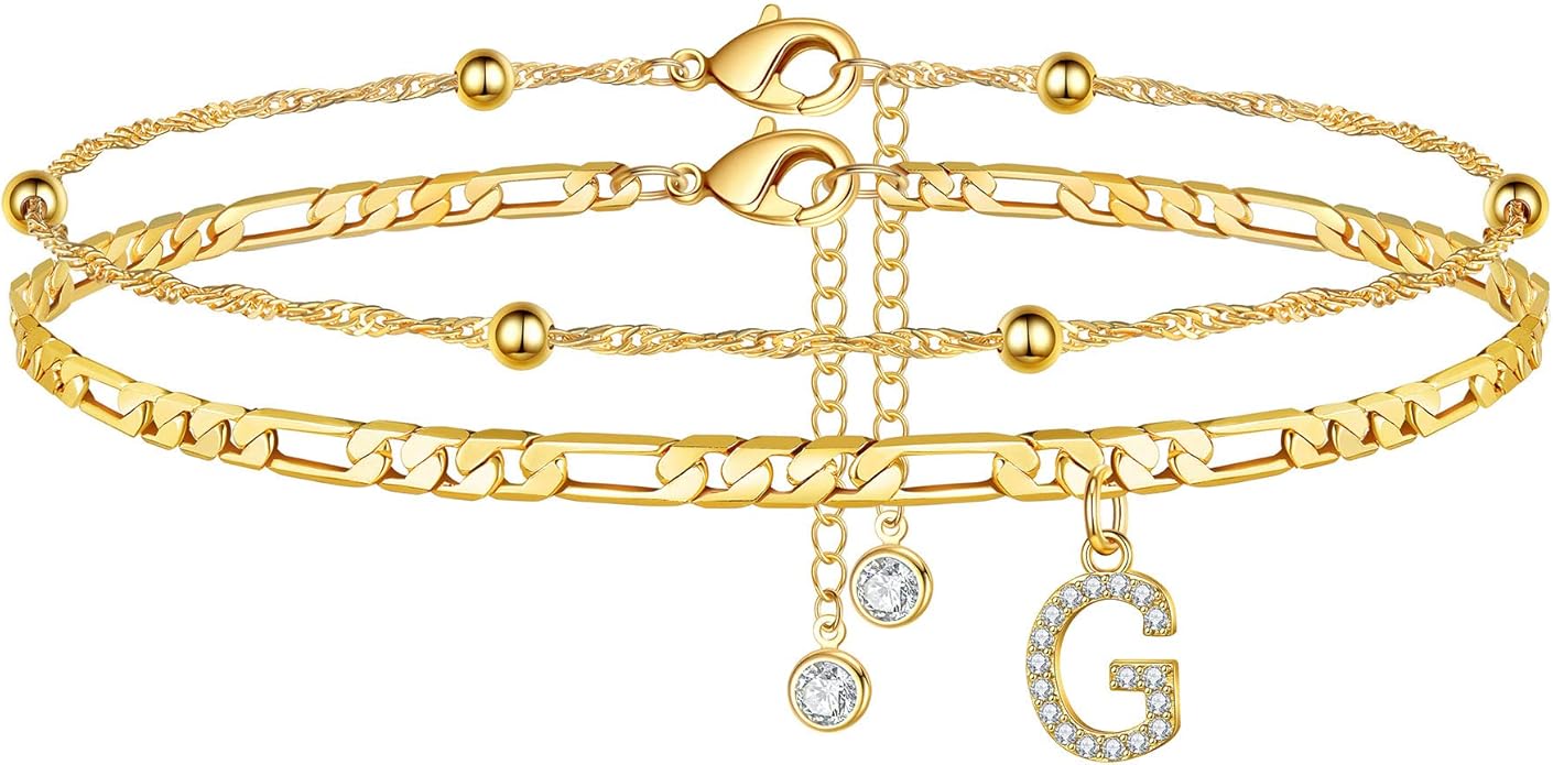 Ursteel Ankle Bracelets for Women, 14K Gold Plated Dainty Layered Chain CZ Initial Anklets Summer Jewelry Gifts for Women