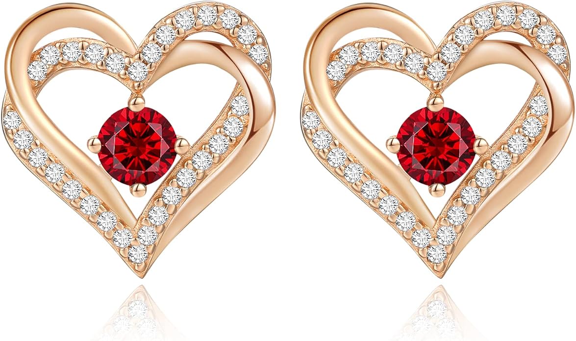 CDE Forever Love Heart Stud Earrings for Women, 925 Sterling Silver Birthstone Heart Stud Earrings Christmas Day Mother's Day Gift Anniversary Birthday Jewelry Gifts for Women Wife Her