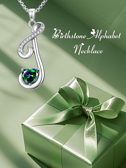 Valentines Day Gifts for Women Alphabet A to Z Initial Birthstone Pendant Necklaces for Women - 18k White Gold Plated Personalized Name Jewelry Valentine Mothers Day Birthday Gifts for Women Her Girlfriend