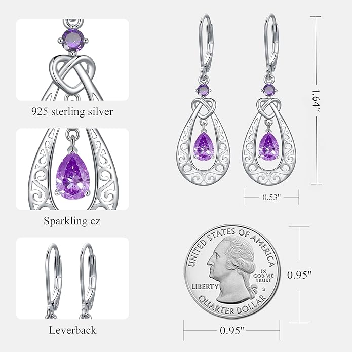 Teardrop Birthstone Dangle Drop Earrings Sterling Silver Infinity Filigree Leverback Earrings, Infinity Love Birthday Anniversary Valentines Day Gifts for Her Women Mom Wife