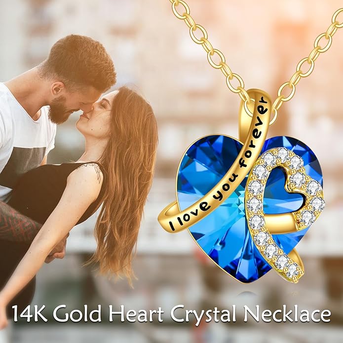 KECHO 14K Real Gold I Love You Forever Necklace Solid Yellow Gold Heart Birthstone Crystal Pendant Jewelry Birthday Mother's Day Anniversary Christmas Gifts for Women