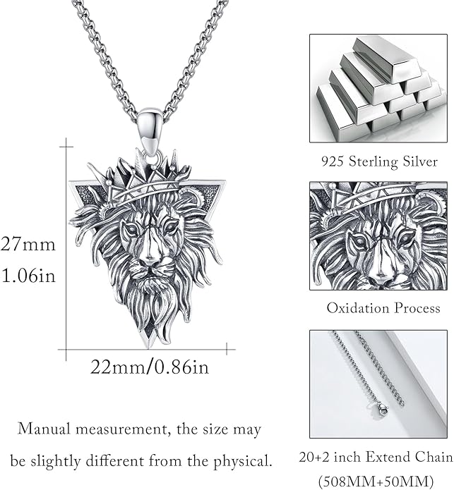 Cuoka Lion Necklace for Men Women S925 Sterling Silver King Retro Punk Gothic Hip Hop Rock Animal Lion Head Pendant Charm Jewelry Chain Necklace Viking Protection Amulet Necklaces