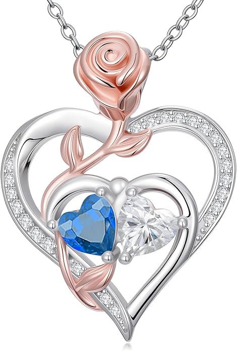 Rose Flower Heart Pendant for Women Birthday Gifts 18k Gold Plated Mother Daughter Necklace with 12 Months Birthstone Christmas Valentines Day Gifts for Her Mom Anniversarry Jewelry for Mom Wife Girlfriend