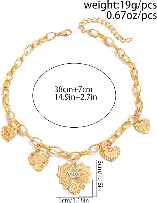 Gold Heart Chunky Charm Necklace for Women with Matching Bracelet, Healing Boho Jewelry Set, Italian Mirror-Polished Alloy, Spiritual Energy Pendant for Meditation, Growth & Inner Strength Gift