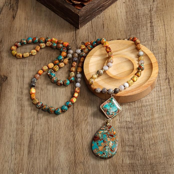 Yomisa Boho Necklaces for Women Men Long,33/34/35 Inch Natural Turquoise Tiger Eye Beaded Stone Pendant Necklaces for Women Trendy,Handmade Bohemian Western Bead Necklace Fashion Charm Jewelry Gift