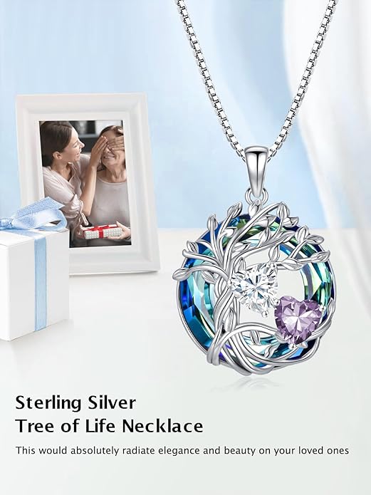 TOUPOP s925 Sterling Silver Family Celtic Tree of Life Pendant Necklaces with 2 Heart Birthstone with Blue Austrian Crystal Jewelry Birthday Valentines Day Gifts for Her, Anniversary Christmas Gifts for Wife Girlfriend Mom (18K Real White Gold Filled)