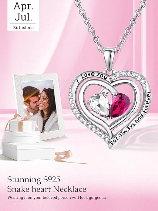 Valentine's Day Gifts for Wife 925 Sterling Silver Double Birthstone Pendant Necklaces I Love You for Always and Forever Necklace Anniversary Birthday Gifts for Wife Girlfriend Mom Her