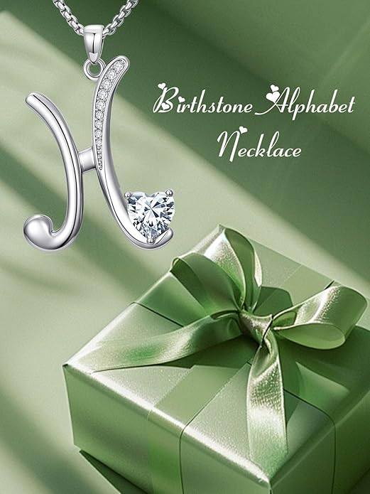 Valentines Day Gifts for Women Alphabet A to Z Initial Birthstone Pendant Necklaces for Women - 18k White Gold Plated Personalized Name Jewelry Valentine Mothers Day Birthday Gifts for Women Her Girlfriend