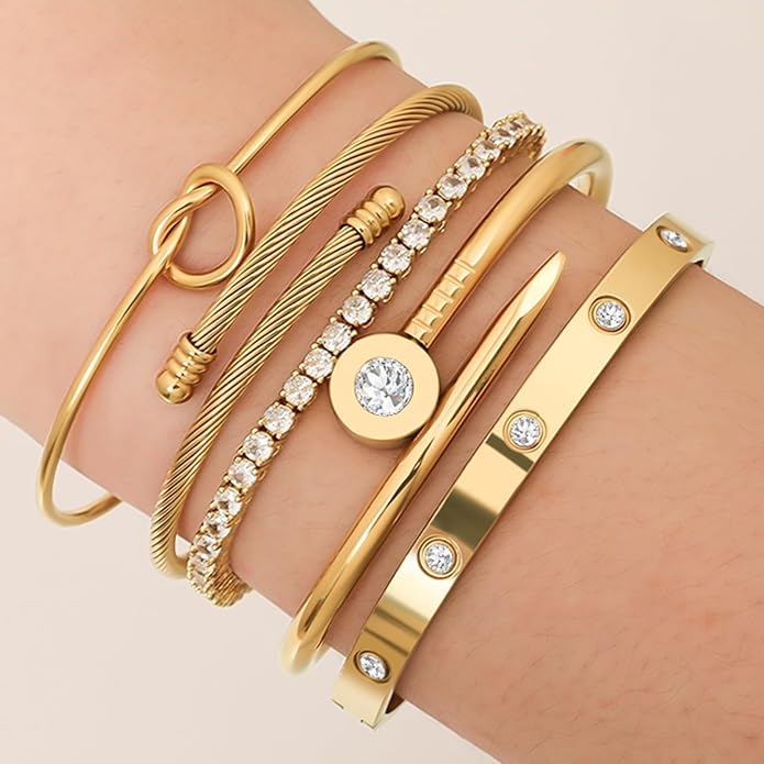 18 K Gold Plated Love Bangle Bracelet Stack Cuff Jewelry for Women Jewelry Set for Women Gift with Box
