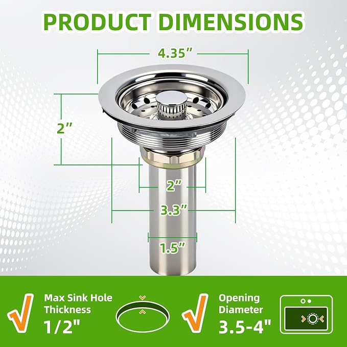 3 In 1 Kitchen Sink Drain Assembly, Stainless Steel Basket Strainer, 3-1/2 Inch - Image 2