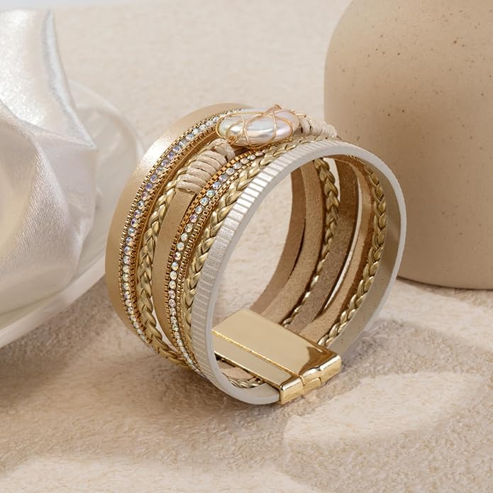 Wrapped Bracelets for Women,Leather Bracelet,Boho Bracelets for Women,Multi-Layer Pearl Crystal Bracelet Bangle Jewelry