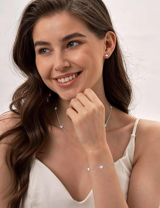 ORAZIO Dainty Silver Gold Jewelry Set for Women Trendy 14K Gold Plated CZ Flowers Pendant Choker Necklaces for Women Stud Earrings Clover Link Bracelets Stack Jewelry Gifts for Wedding Prom Brides