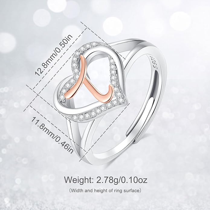 INFUSEU 925 Sterling Silver Initial Heart Ring for Women Girls, Adjustable Size
