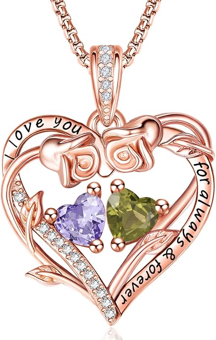 Rose Heart Necklaces for Women, Rose Gold Forever Love Jewelry with 2 Birthstones Pendant,Valentines Anniversarry Birthday Gifts for Her Wife Mom Grandma Daughter, 18+2 Inch Chain