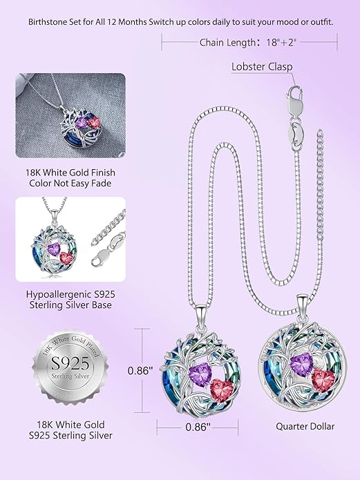 TOUPOP s925 Sterling Silver Family Celtic Tree of Life Pendant Necklaces with 2 Heart Birthstone with Blue Austrian Crystal Jewelry Birthday Valentines Day Gifts for Her, Anniversary Christmas Gifts for Wife Girlfriend Mom (18K Real White Gold Filled)