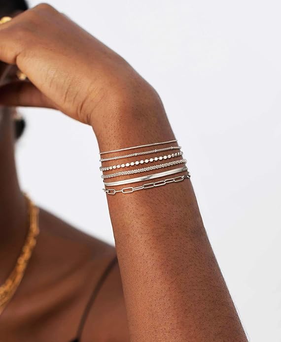 DEARMAY Dainty Silver Plated Bracelets for Women Trendy, Silver Jewelry Set for Women Bracelets for Women Paperclip Box Herringbone Figaro Rope Chain Bracelet Fashion Pack Gifts for Women