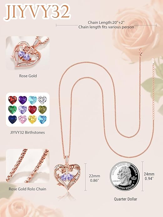 Rose Heart Necklaces for Women, Rose Gold Forever Love Jewelry with 2 Birthstones Pendant,Valentines Anniversarry Birthday Gifts for Her Wife Mom Grandma Daughter, 18+2 Inch Chain
